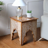 Honey Brown Wood Side Table in Antique Tone