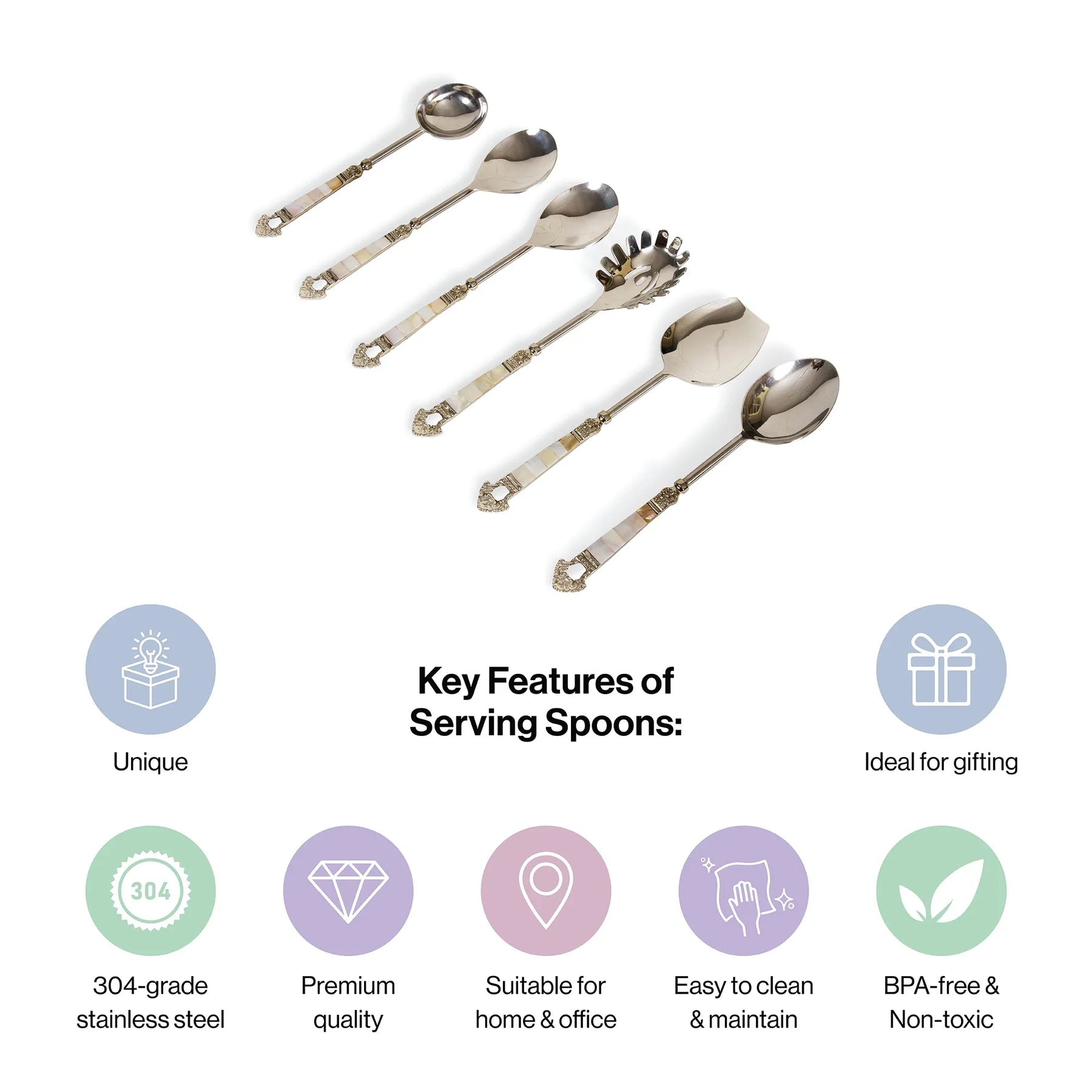 Mother Of Pearl Stainless Steel Salad Serving Spoon Cutlery Set Of 6