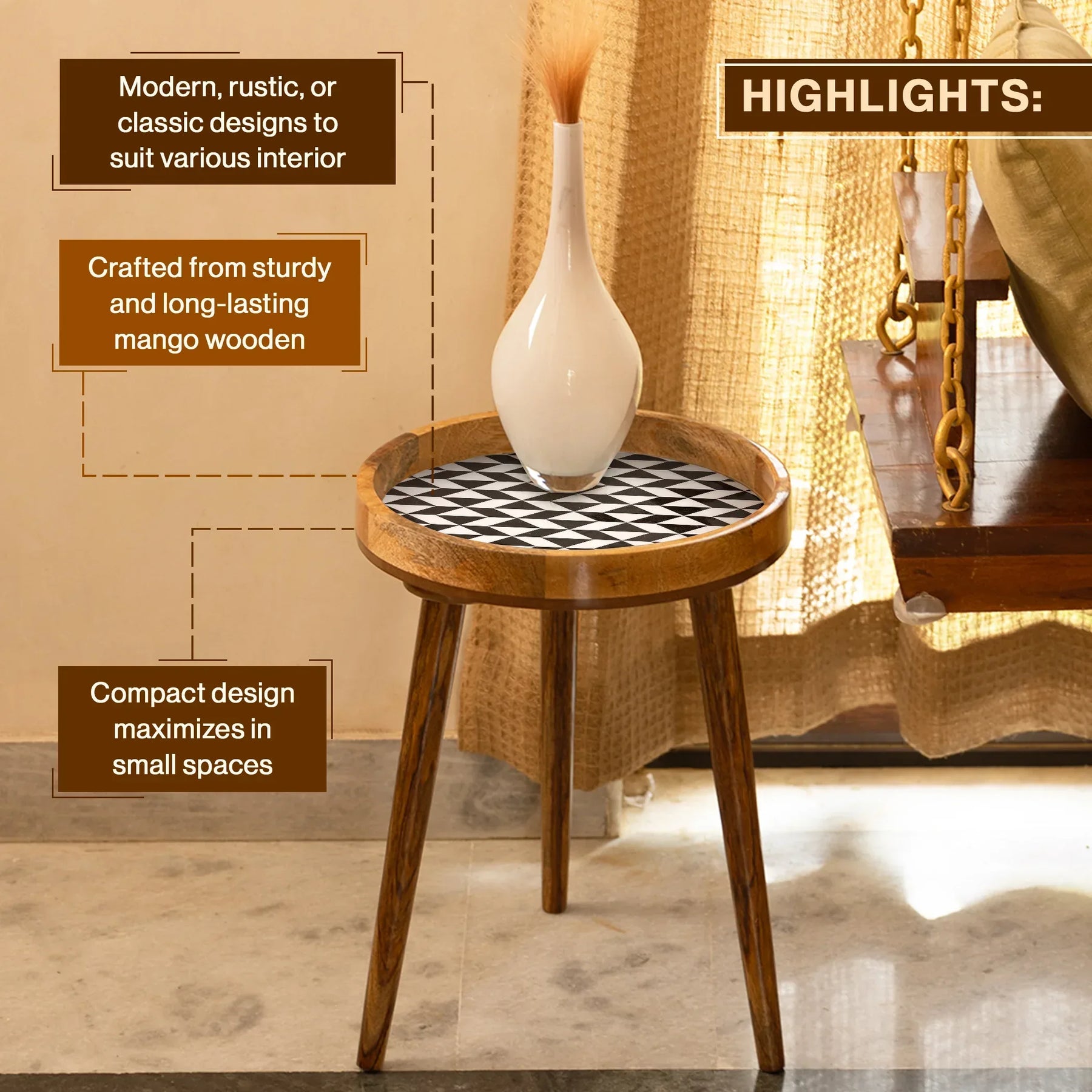 Round Side Table in Black & White - Bedside Table for Home Decor