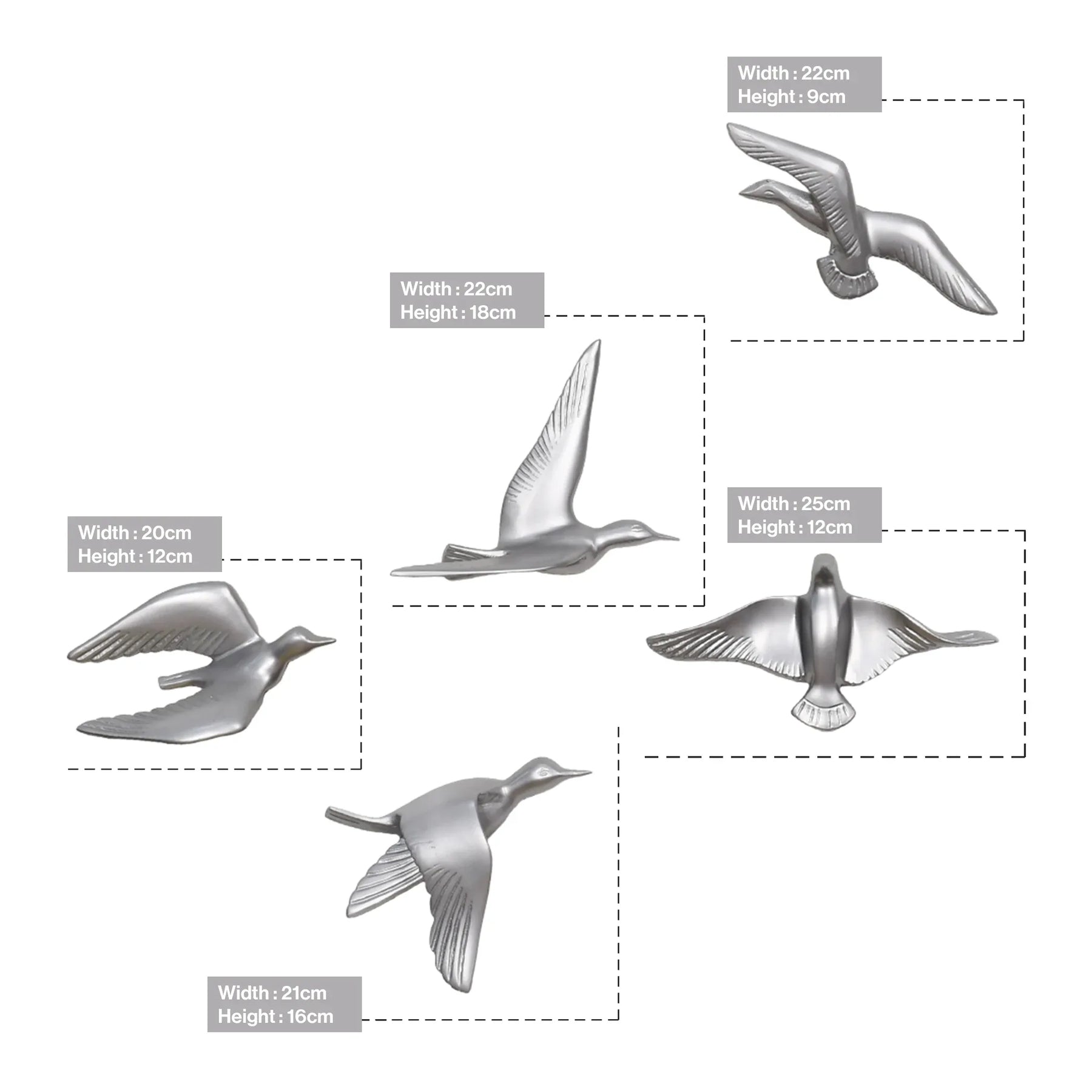 Resin Flying Birds Wall Hanging In Celestial Silver (Set Of 5)