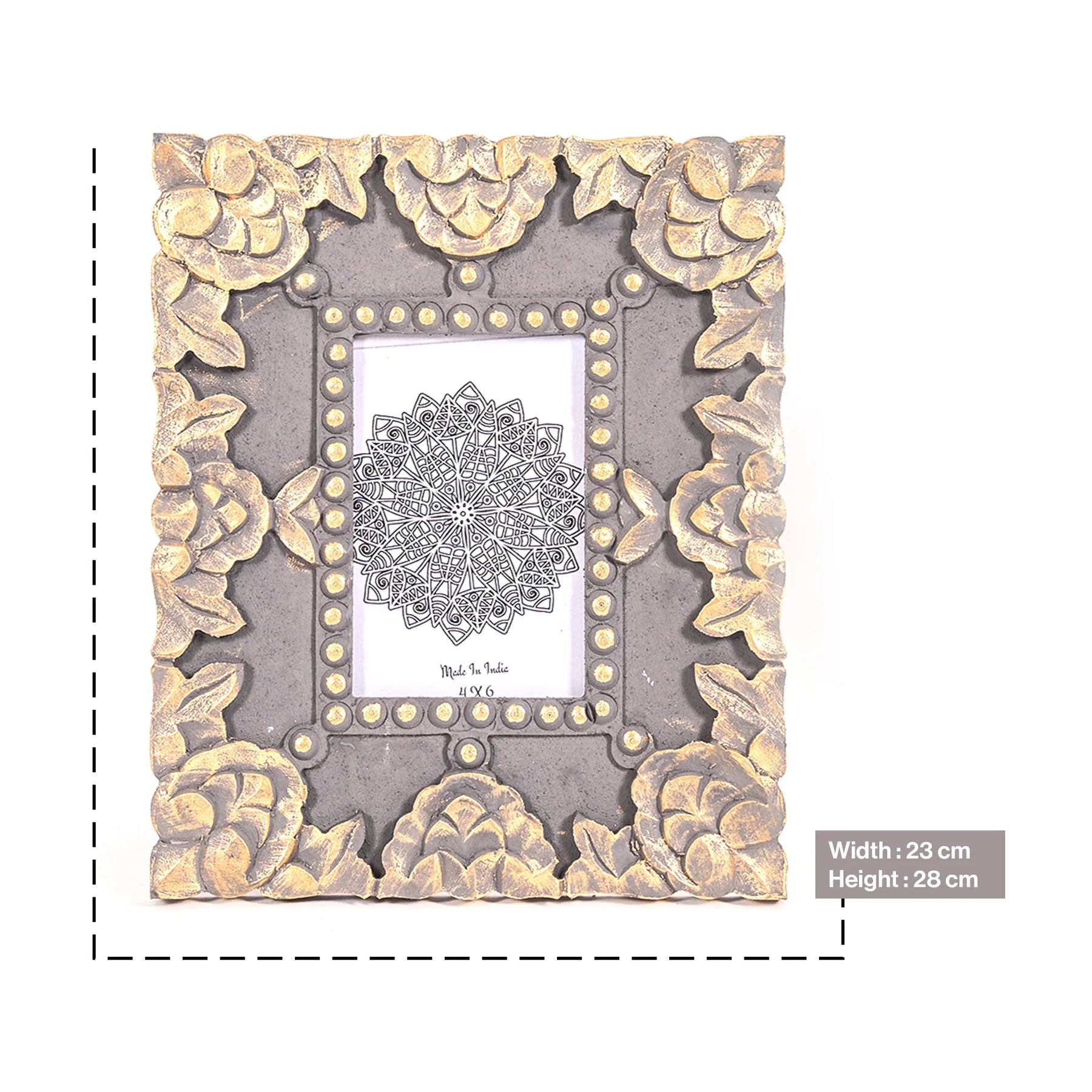 Handcarved Wooden Floral Photo Frame in Grey
