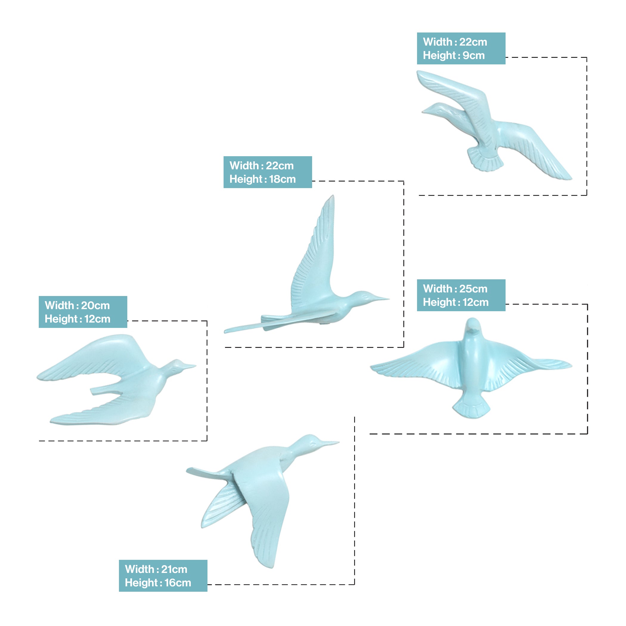 Resin Flying Birds Wall Hanging In Horizon Blue (Set Of 5)