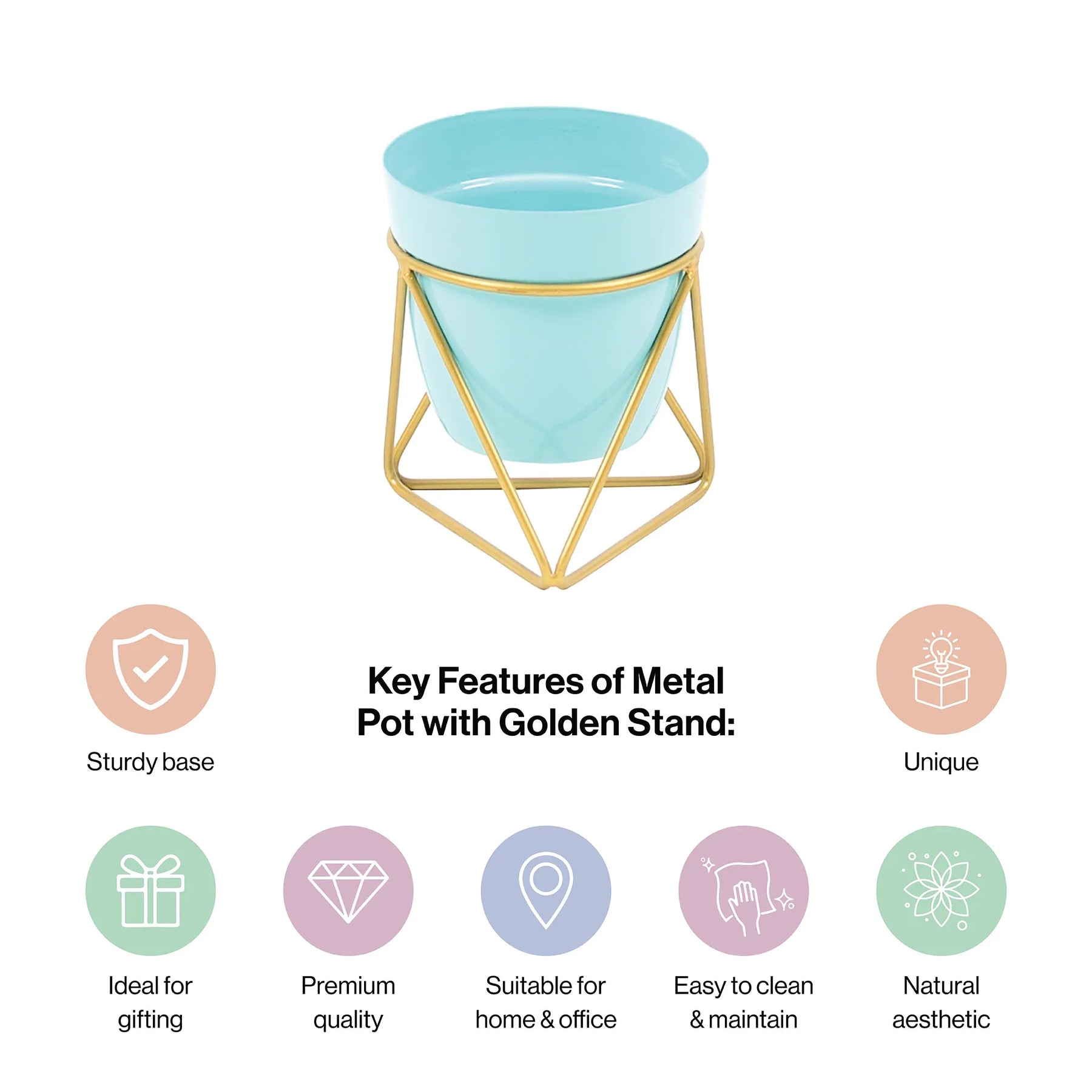 Single Golden Metal Pot Plant Stand In Horizon Blue