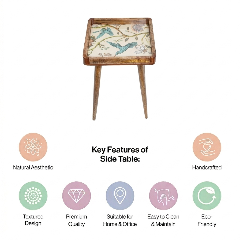 Square Wooden Bedside Table with Birdfloral Tray for Living Room