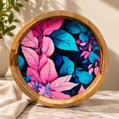 Premium Round Mango Wood Serving Tray with Neon Pink Tropical Leaf Design