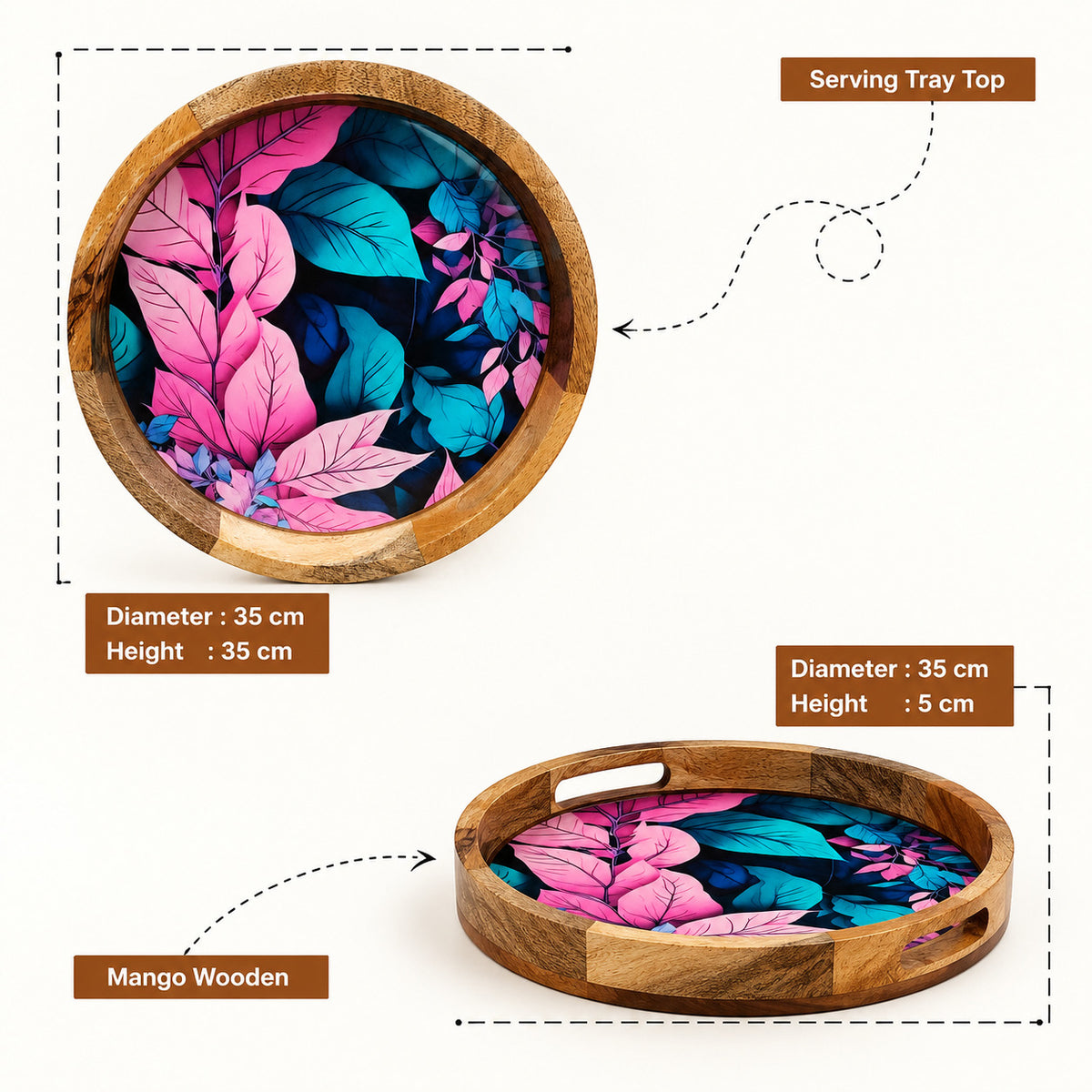 Premium Round Mango Wood Serving Tray with Neon Pink Tropical Leaf Design