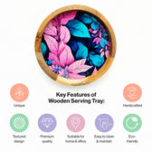 Premium Round Mango Wood Serving Tray with Neon Pink Tropical Leaf Design