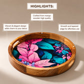 Premium Round Mango Wood Serving Tray with Neon Pink Tropical Leaf Design