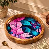 Premium Round Mango Wood Serving Tray with Neon Pink Tropical Leaf Design