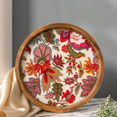 Handcrafted Mango Wood Round Serving Tray with Botanical Floral Design