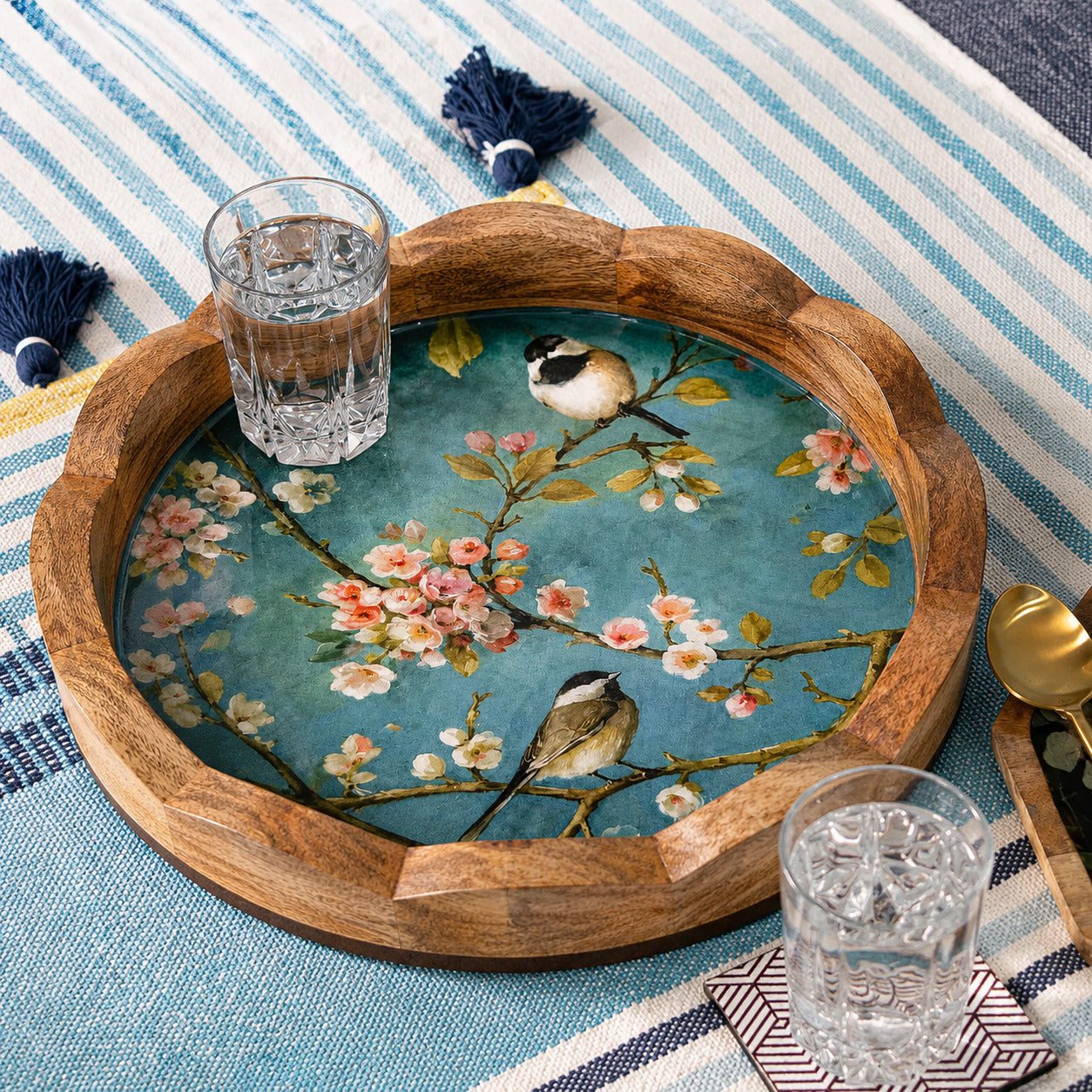 Round Wooden Serving Tray with Cherry Blossom Bird Design