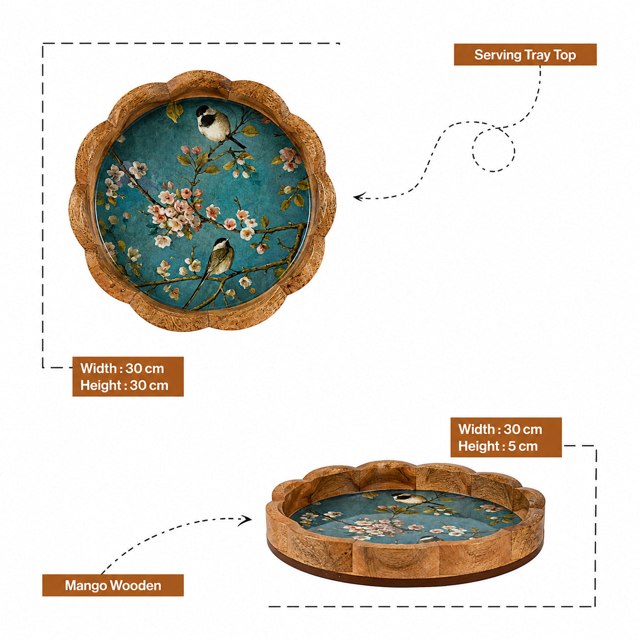 Round Wooden Serving Tray with Cherry Blossom Bird Design