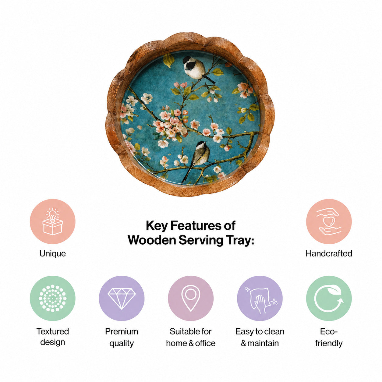 Round Wooden Serving Tray with Cherry Blossom Bird Design