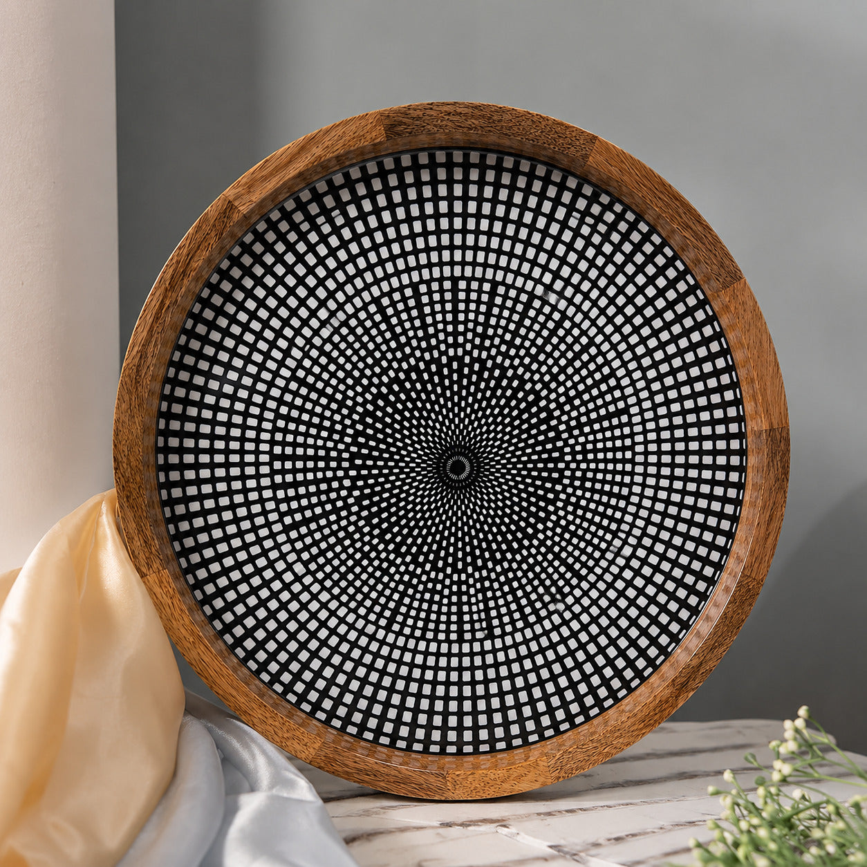 Modern Mango Wood Round Serving Tray with Geometric Dot Pattern