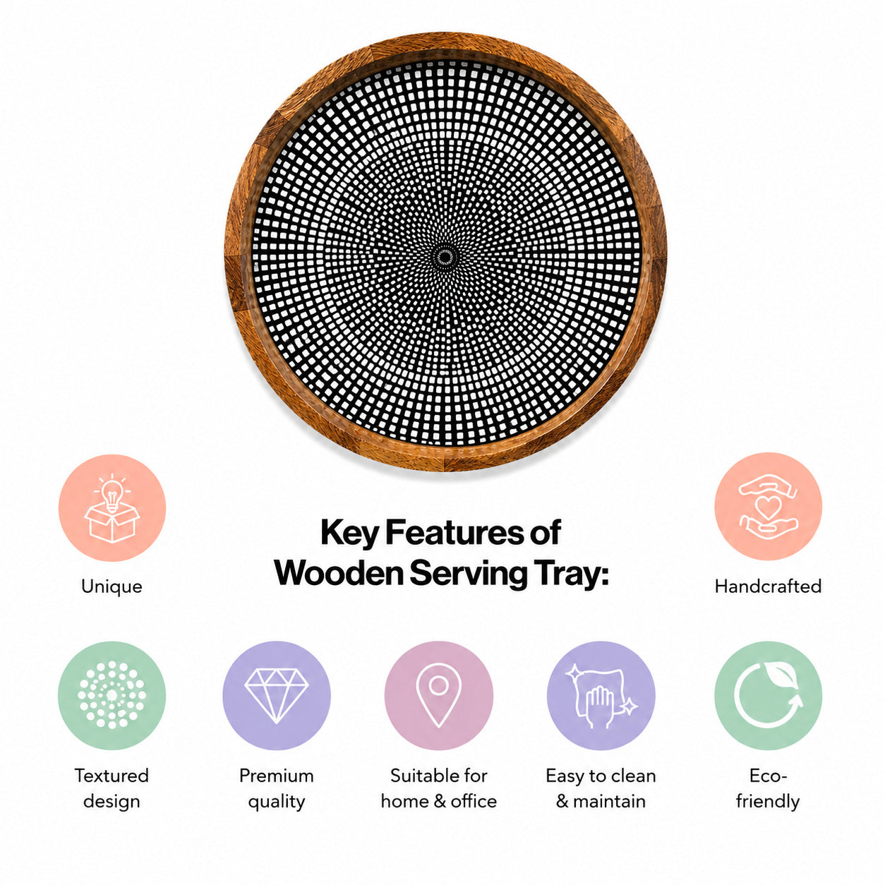 Modern Mango Wood Round Serving Tray with Geometric Dot Pattern