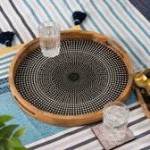 Modern Mango Wood Round Serving Tray with Geometric Dot Pattern