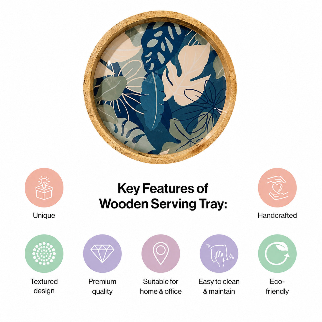 Round Mango Wood Serving Tray with Tropical Leaf Design