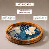 Round Mango Wood Serving Tray with Tropical Leaf Design
