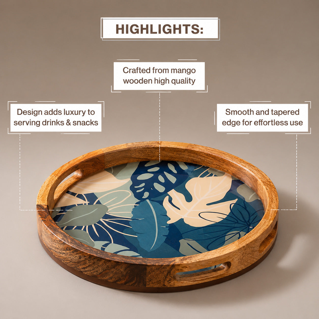Round Mango Wood Serving Tray with Tropical Leaf Design