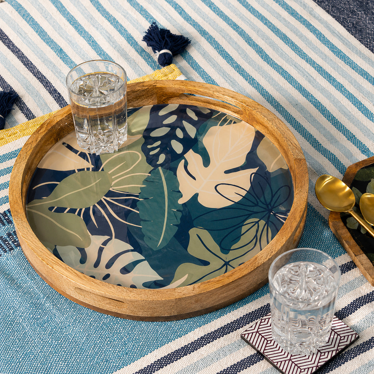 Round Mango Wood Serving Tray with Tropical Leaf Design