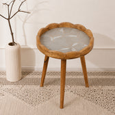 Round Wooden Coffee Side Table with Ginkgo Leaf Pattern