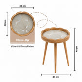 Round Wooden Coffee Side Table with Ginkgo Leaf Pattern