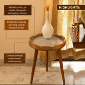 Round Wooden Coffee Side Table with Ginkgo Leaf Pattern