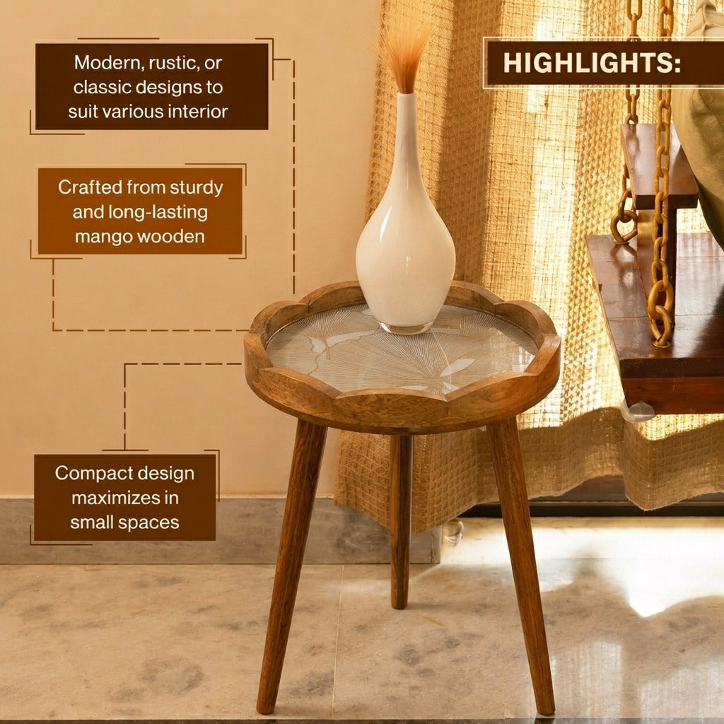 Round Wooden Coffee Side Table with Ginkgo Leaf Pattern