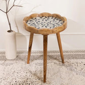 Round Wooden Bed Side Table with Mangolia Lotus Design