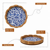 Premium Mango Wood Serving Tray with Blue Floral Design