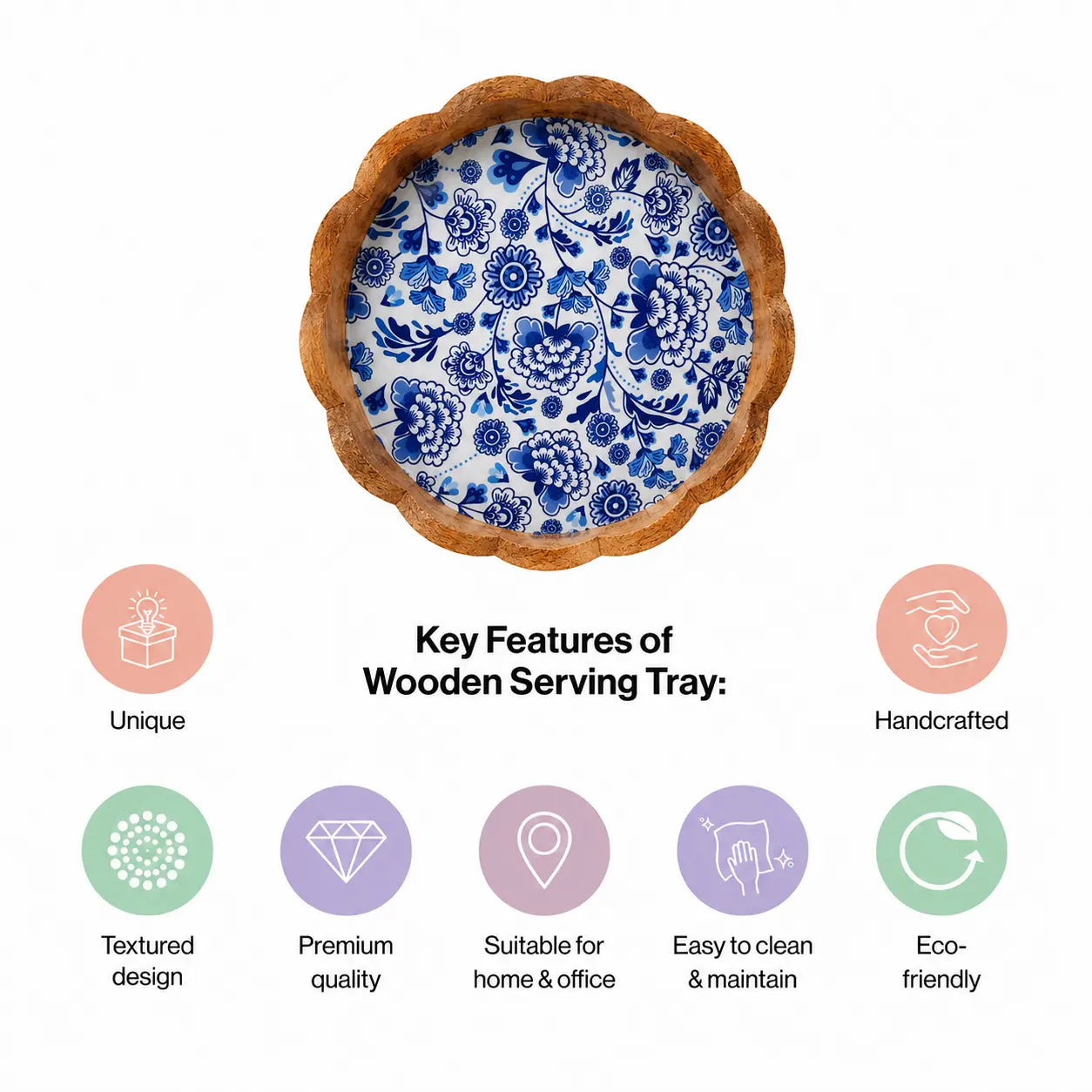 Premium Mango Wood Serving Tray with Blue Floral Design