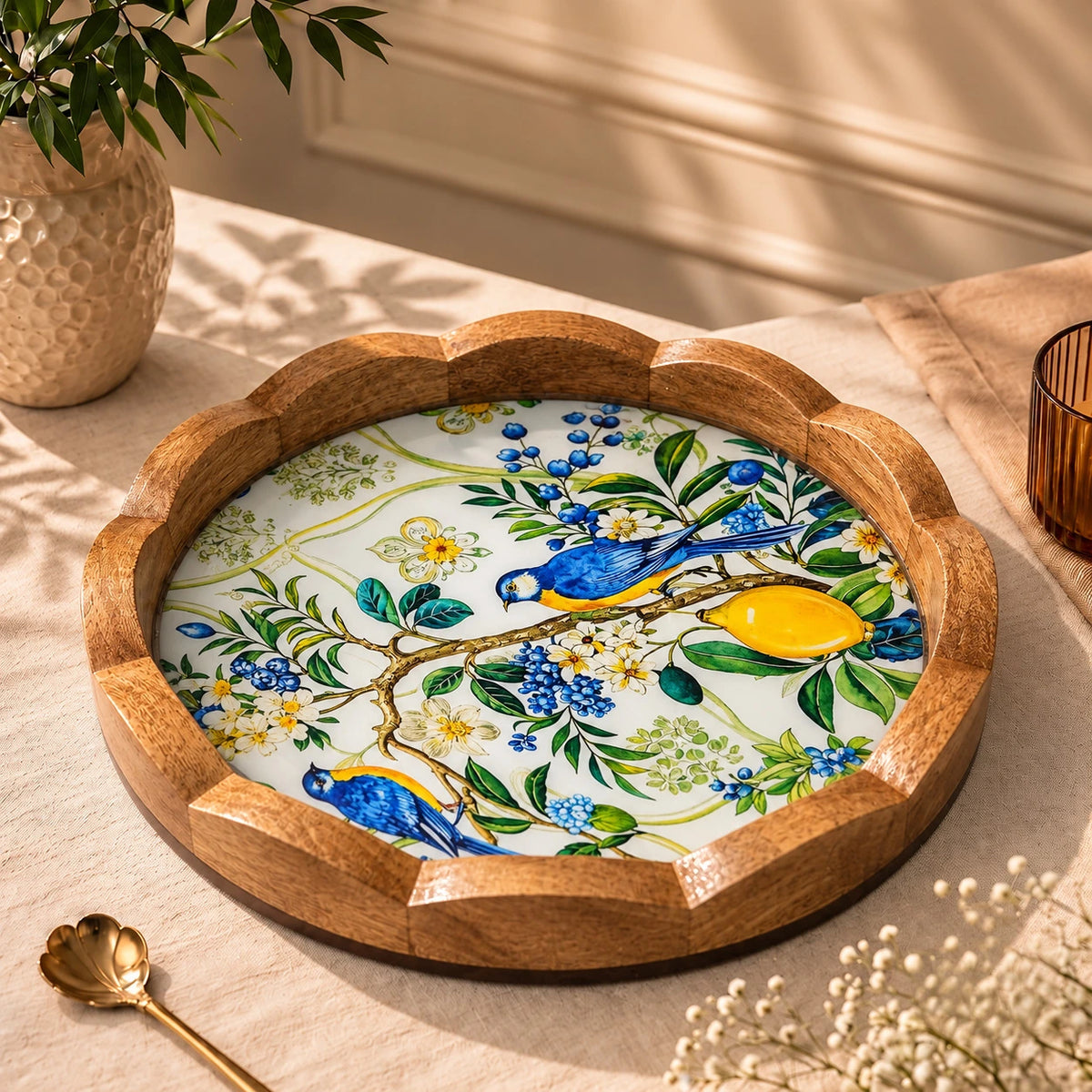 Premium Mango Wood Serving Tray with Lemon & Bird Floral Design
