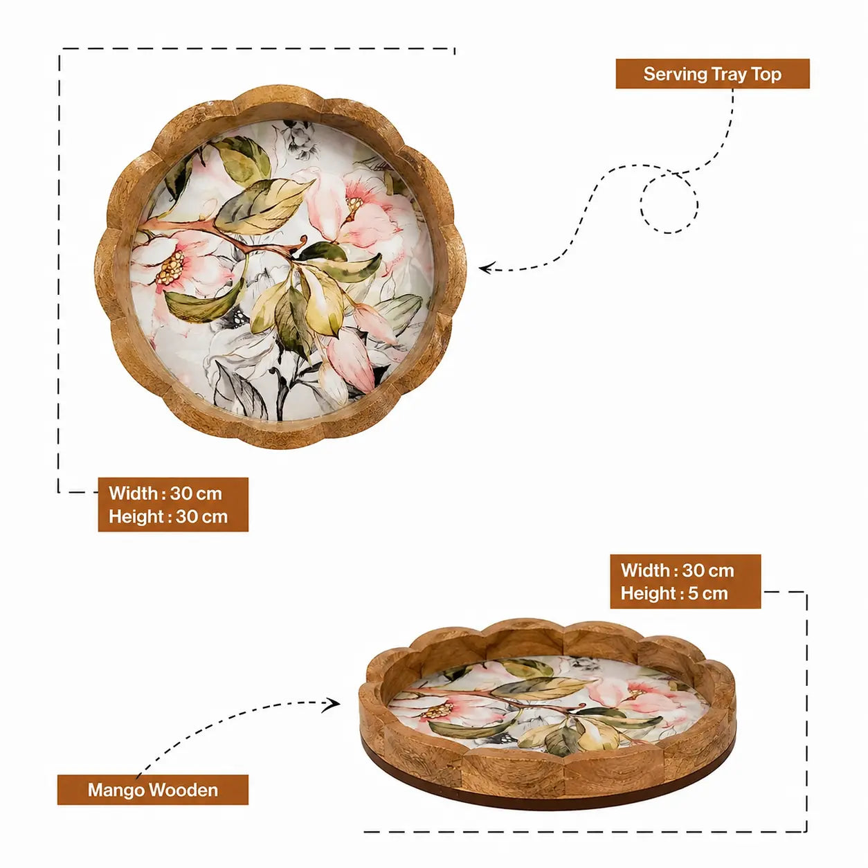 Premium Mango Wood Serving Tray with Pink Floral Design
