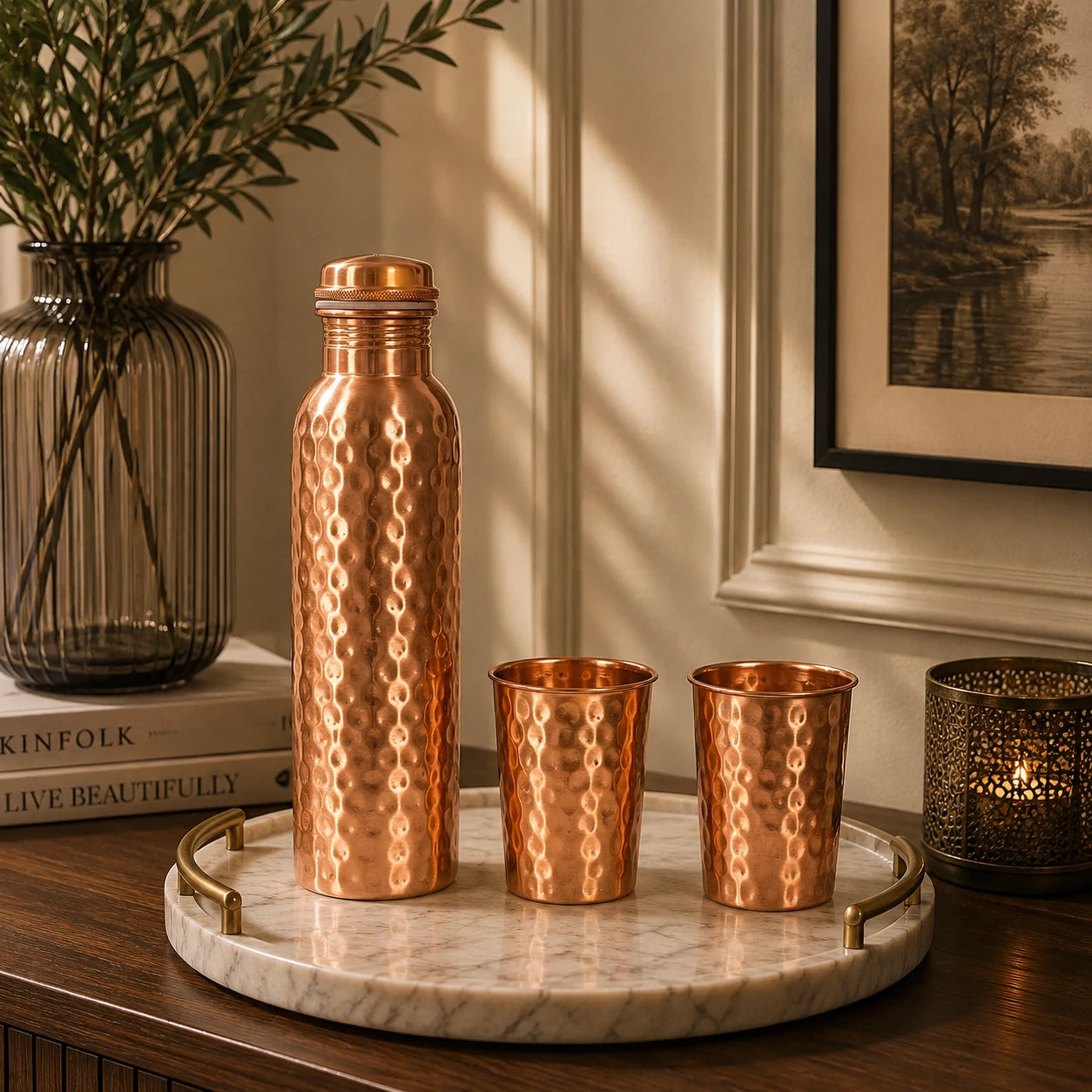 Traditional Hammered Copper Bottle with 2 Glasses in Gift Set