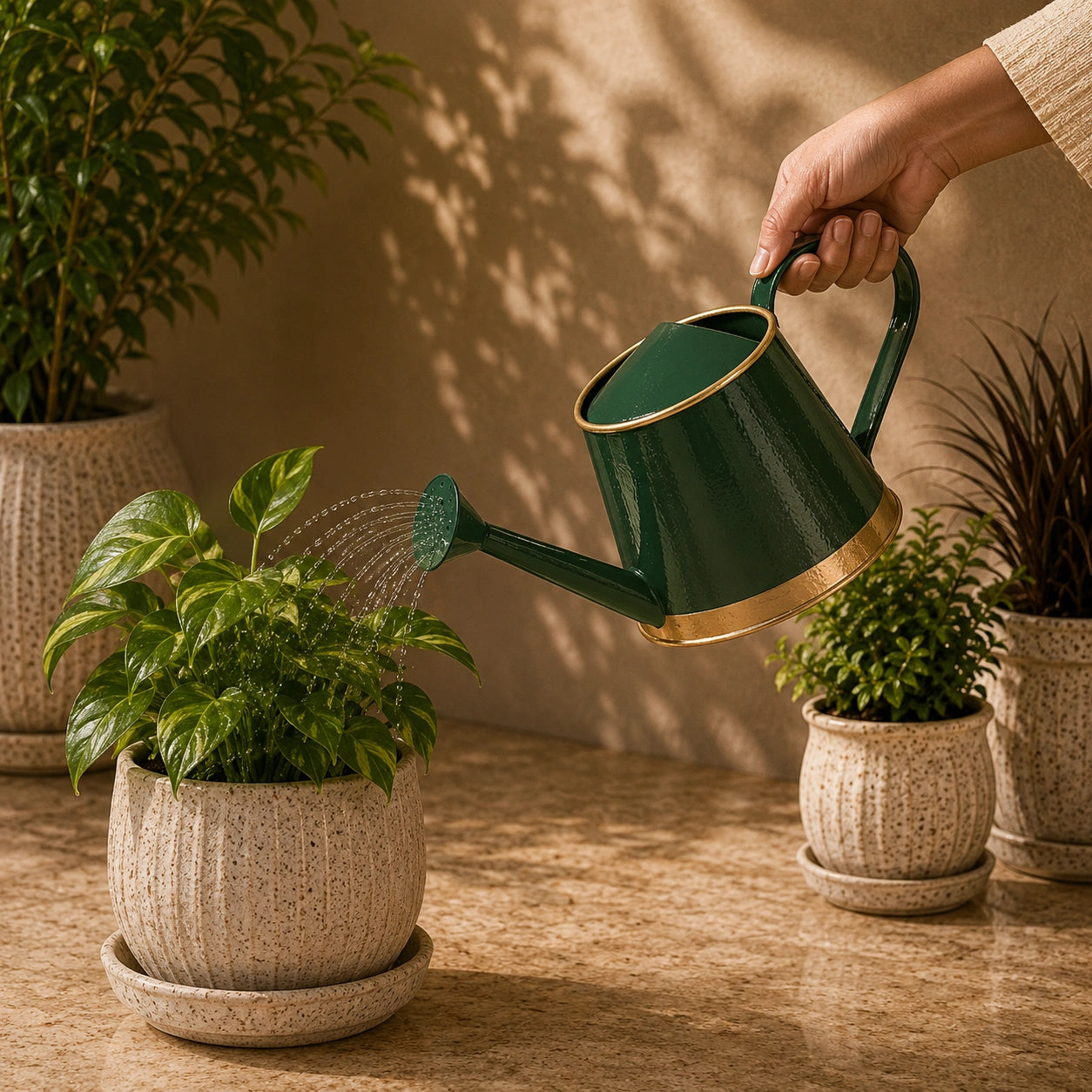 Traditional Watering Can in Floral Print Dark Green