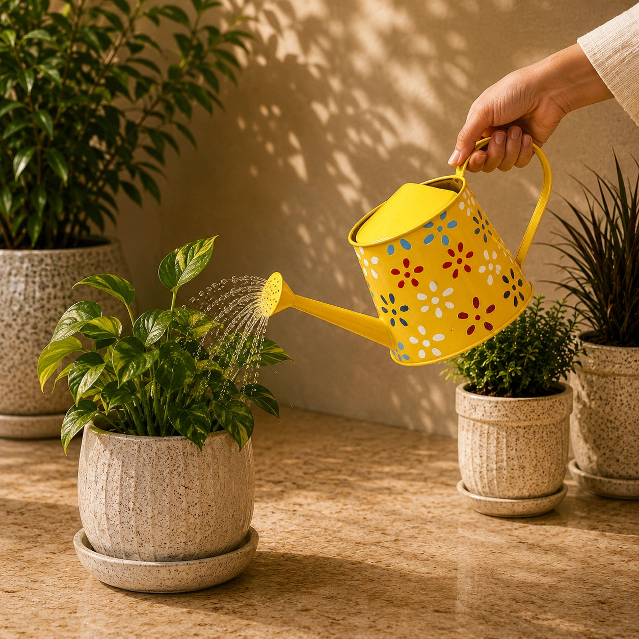 Traditional Watering Can in Floral Print Yellow (Large)