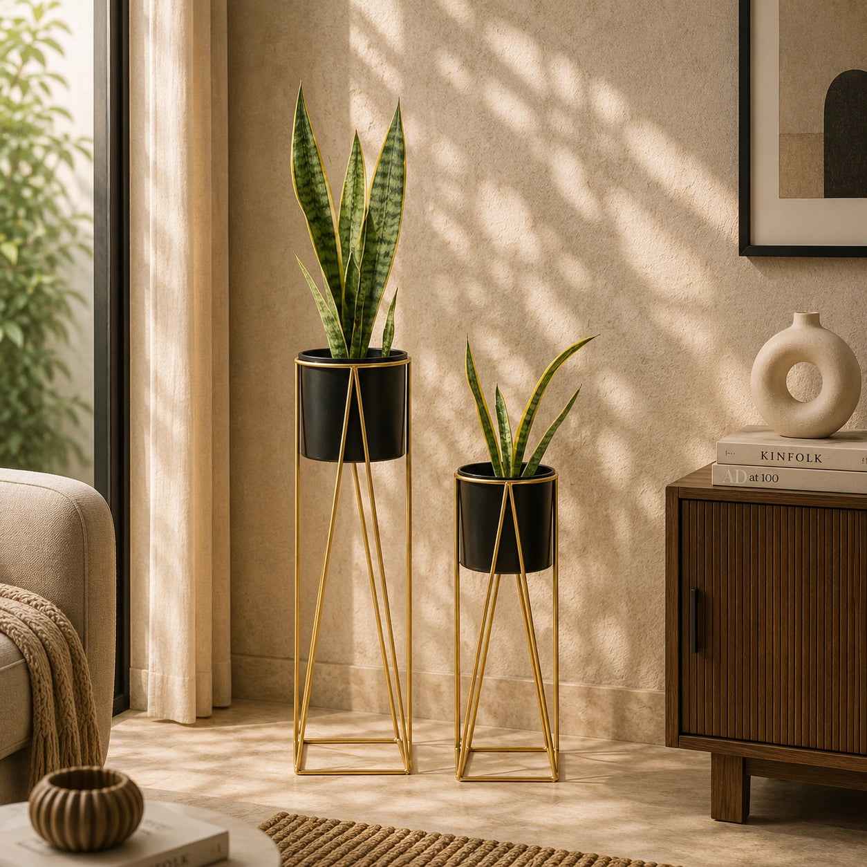 Triangle Planter Stand in Black and Golden-Set of 2