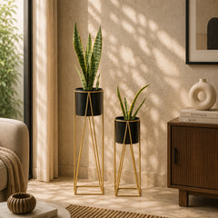 Triangle Planter Stand in Black and Golden-Set of 2