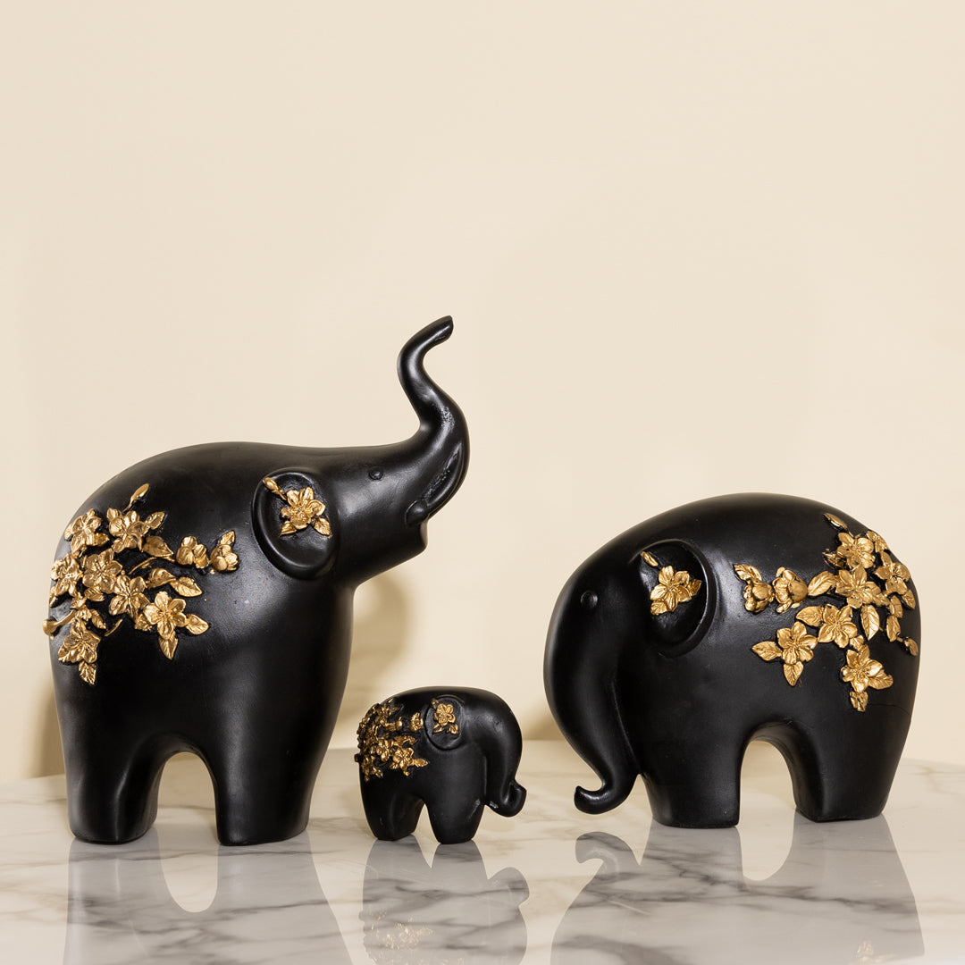 Black Golden Elephant Family Statue Figurine Showpiece Sclupture