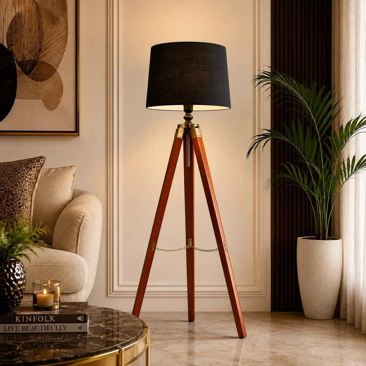 Tripod Floor Lamp With Brown Wood Finish