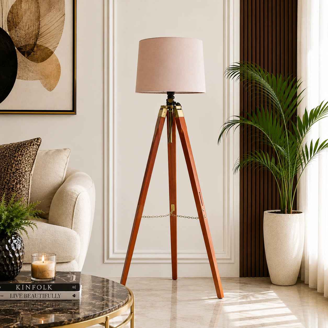 Tripod Floor Lamp With Brown Wood Finish