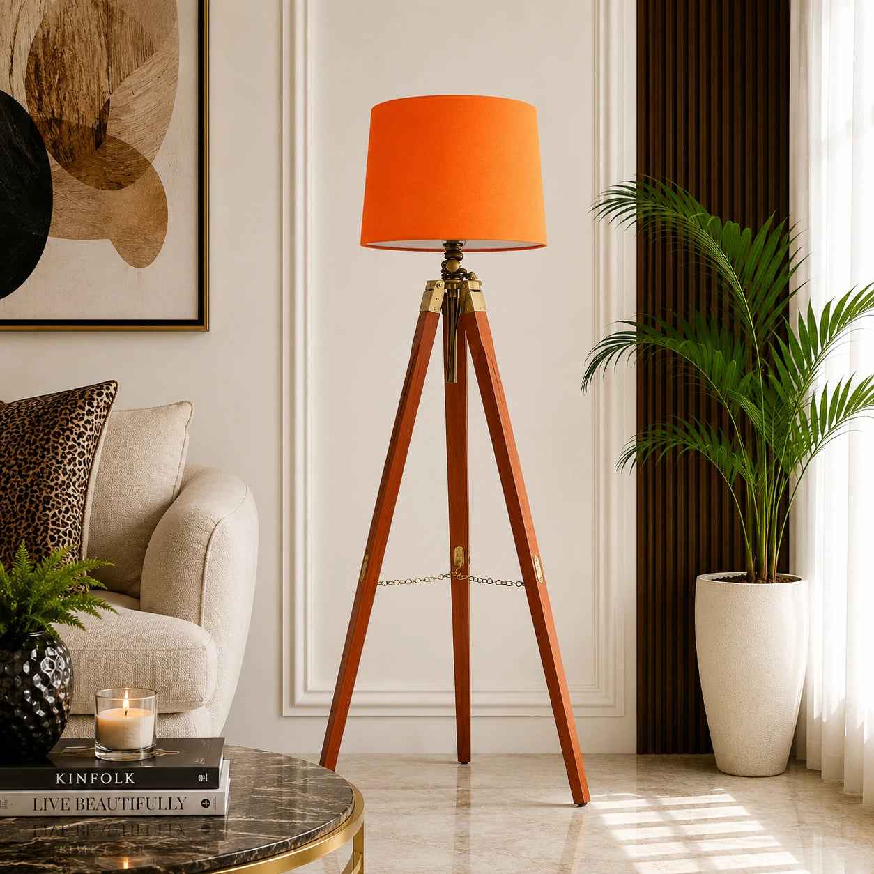 Tripod Floor Lamp With Brown Wood Finish