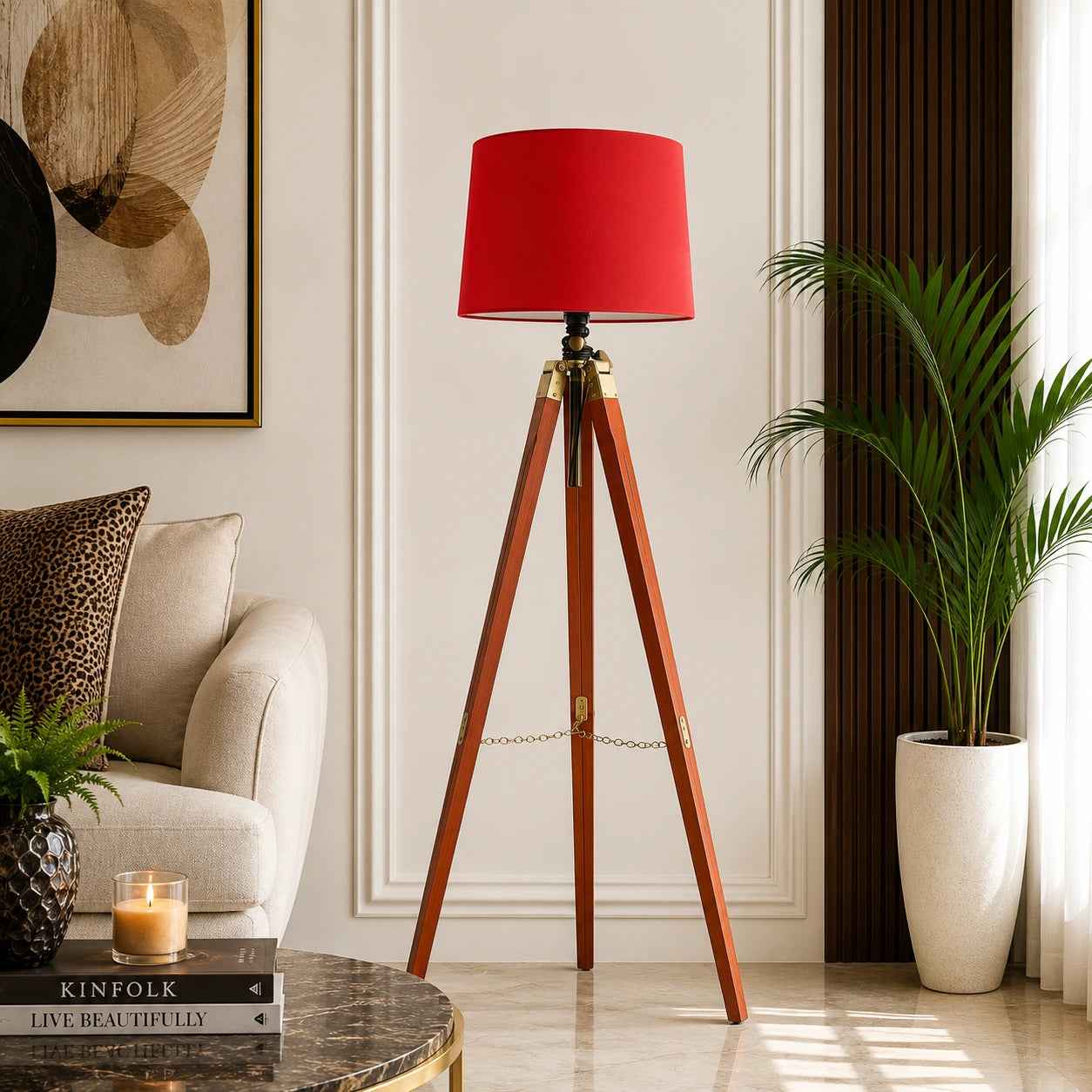 Tripod Floor Lamp With Brown Wood Finish