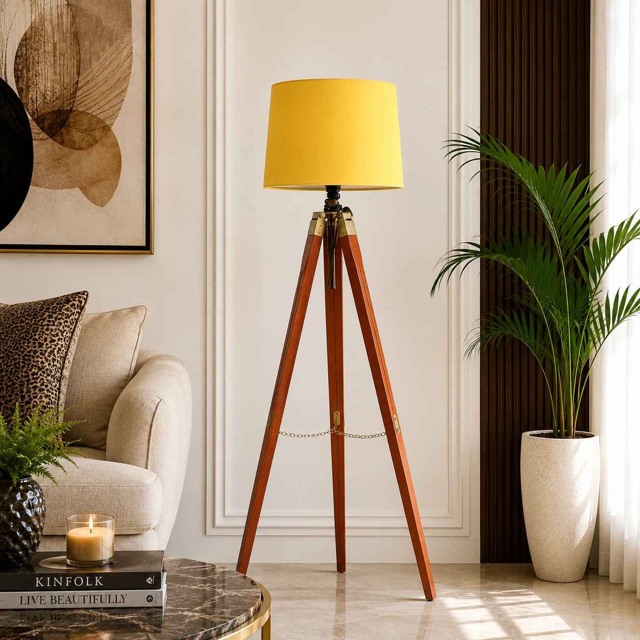 Tripod Floor Lamp With Brown Wood Finish