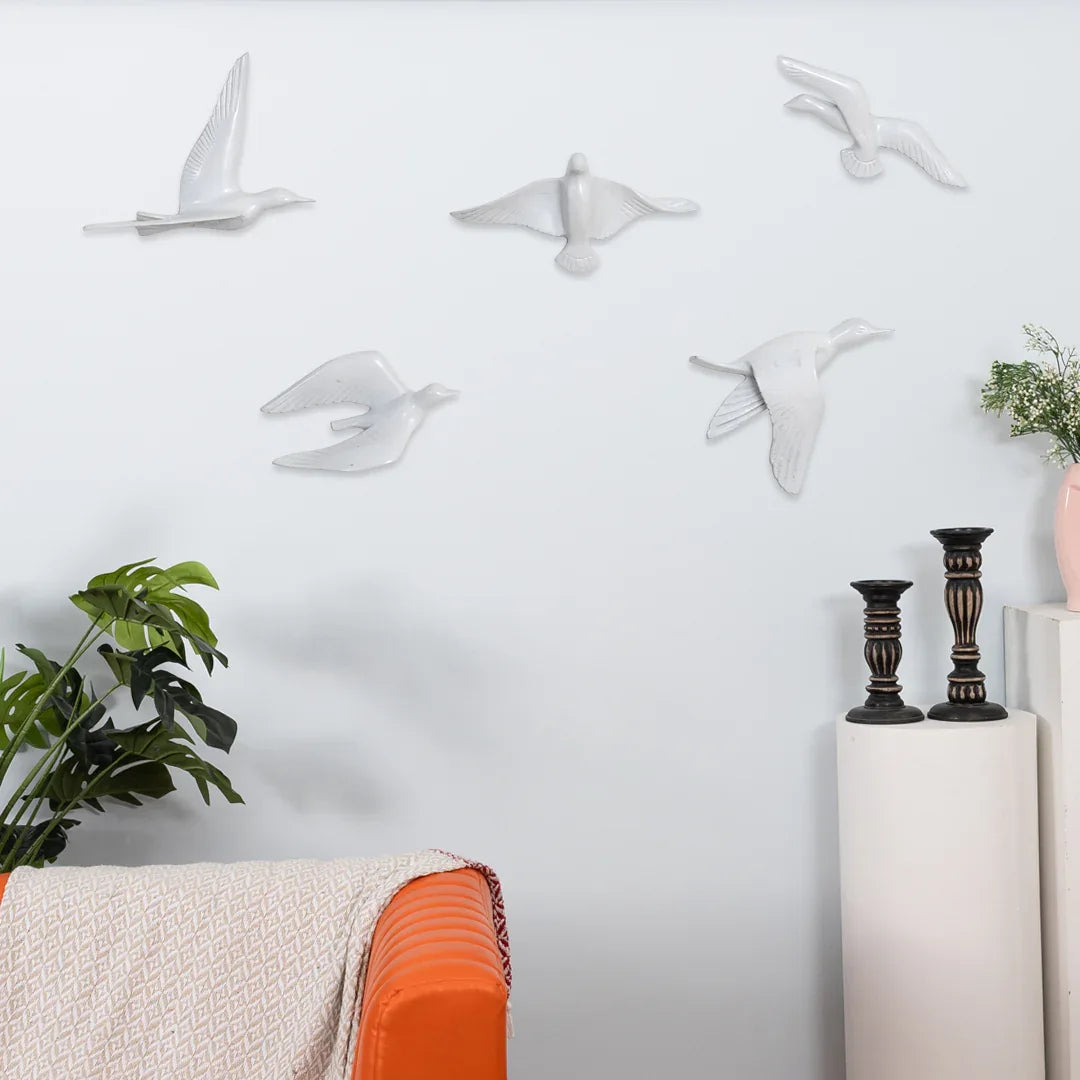 Resin Flying Birds Wall Hanging In White Frost (Set Of 5)