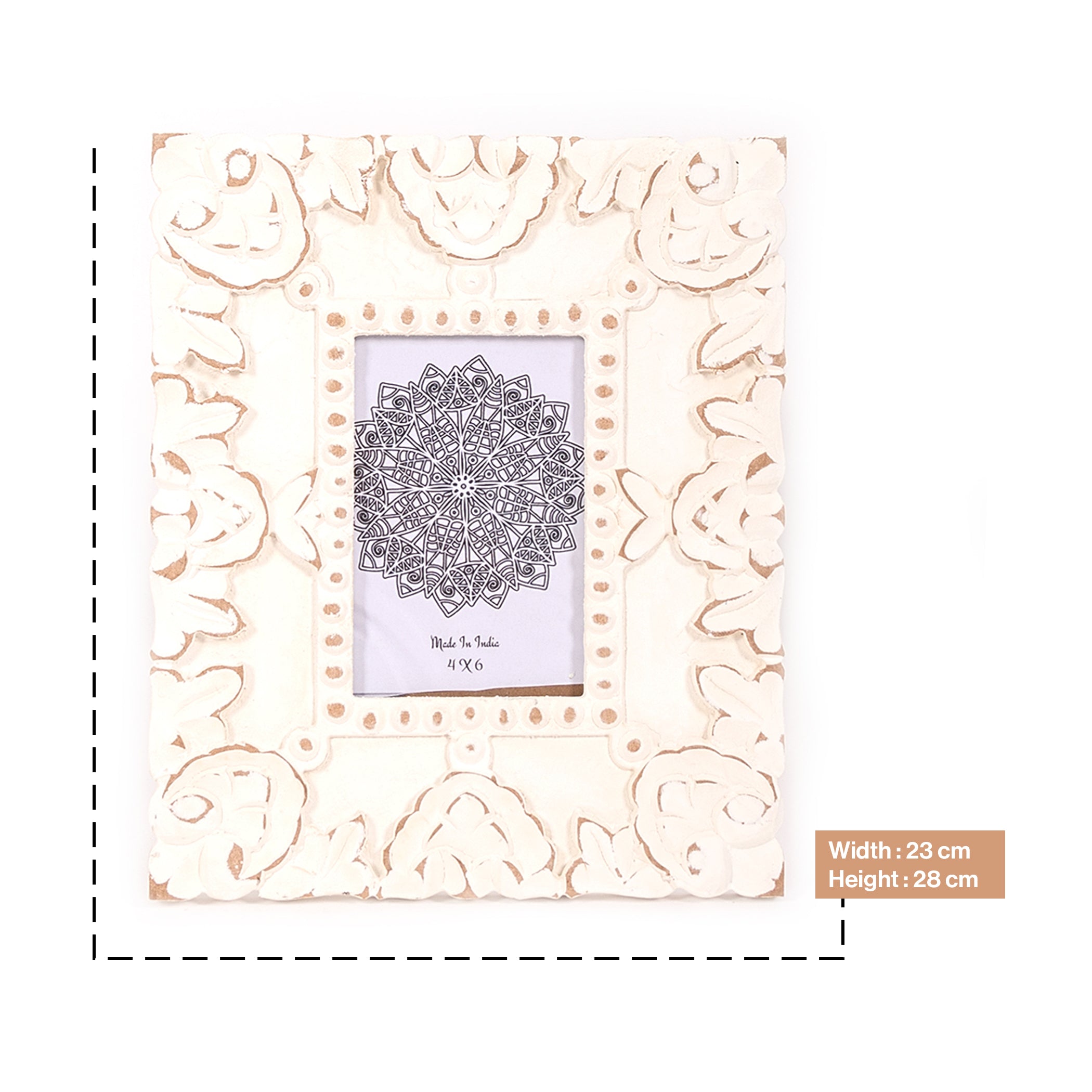 Handcarved Wooden Flower Photo Frame - White