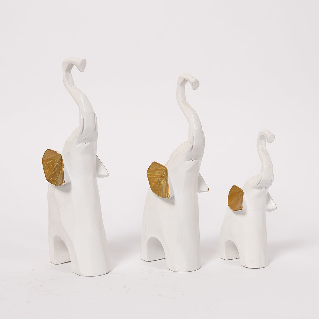 Set of 3 Geometric Elephants Statue Figurine - White