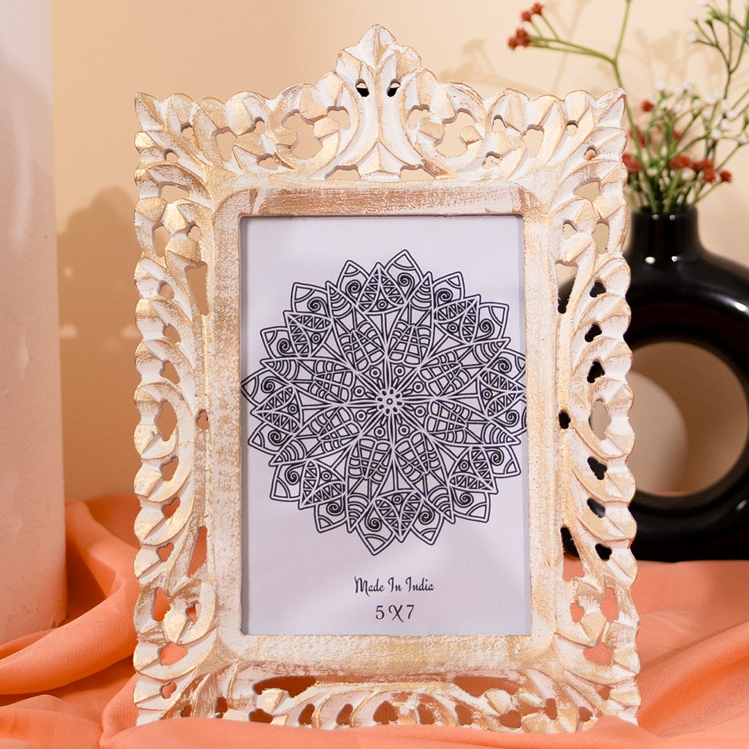 Wooden Wall Decor Mirror Photo Frame in White and Golden Hues-Wall Mount