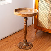 Round Wooden Side Table with Pedestal in Walnut Brown for Living Room and Bedroom