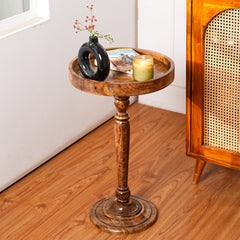 Round Wooden Side Table with Pedestal in Walnut Brown for Living Room and Bedroom